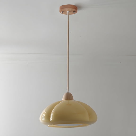 Litfad Retro Pumpkin Cream Glass Pendant Light, Wood Base Hanging Fixture for Kitchen Island Dining Room