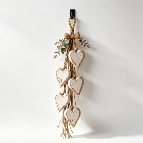 Rustic Neutral Hanging Heart Wall Decor, Ocean Themed Five Hearts Wall Hanging, Rustic Wooden Bead Coastal Decor for Beach House & Entryway