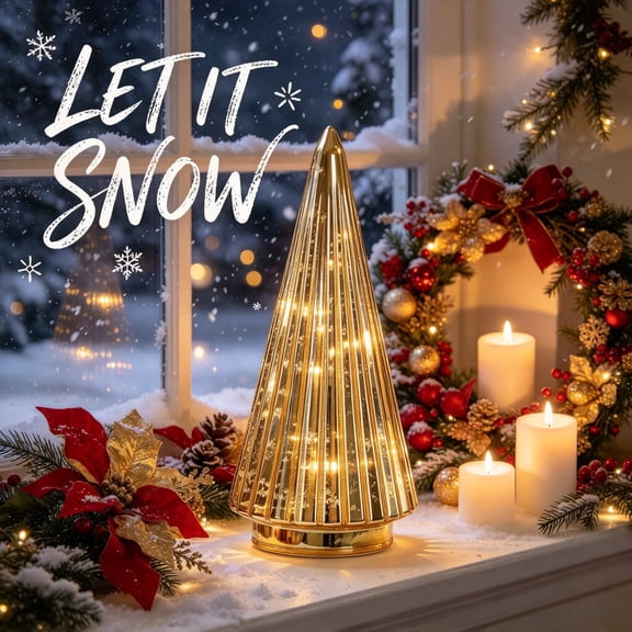 Lighted Gold Mercury Glass Christmas Tree 7.5" Tall Scale-Textured Tabletop Ornament with Warm LED Glow – for Mantel Shelf Table Fireplace Xmas Home Decor – 1 Pack