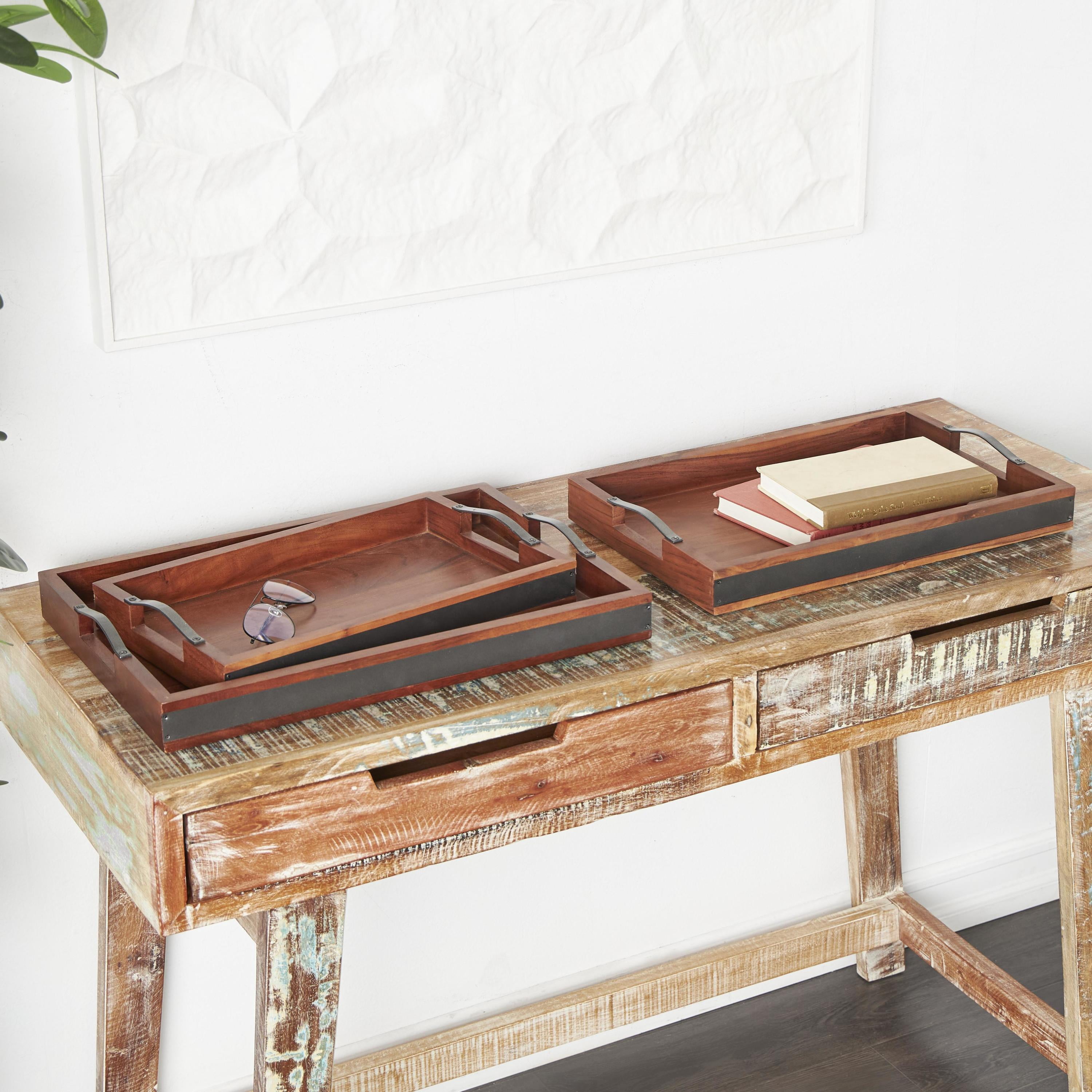DecMode 18", 20", 16"W Brown Wood  Tray with Black Metal Handles, 3-Pieces