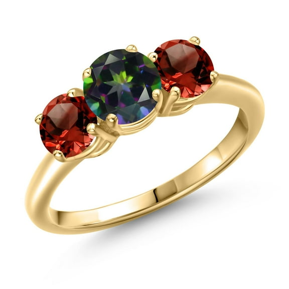 Gem Stone King 18K Yellow Gold Plated Silver Green Mystic Topaz and Red Garnet Engagement Ring for Women | 2.10 Cttw | Round 6MM | Gemstone November Birthstone | Size 6