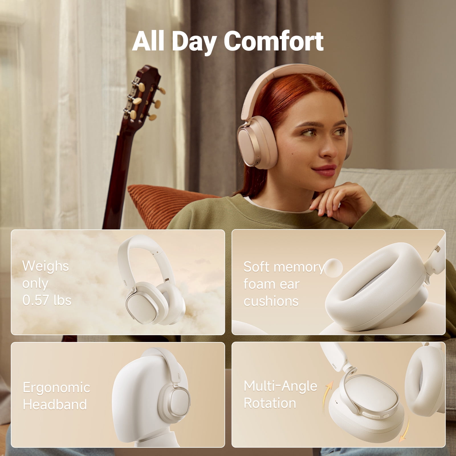 Edifier Bluetooth Active Noise Cancelling Headphones, 92H Playtime Hi-Res Audio Certified, Fast Charging - Pink