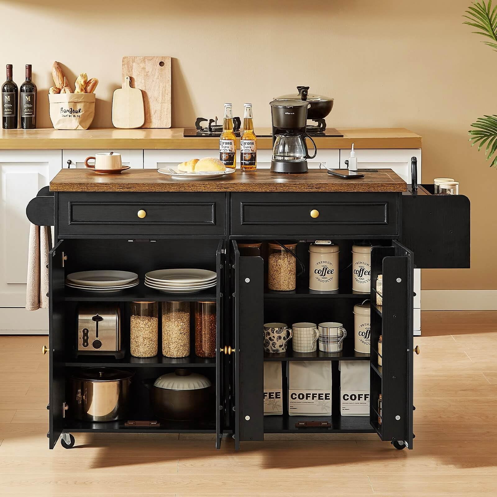 ROGALIS Mobile Kitchen Island, 58" Rolling Island Cart with Power Outlet, Island Table for Kitchen, Black