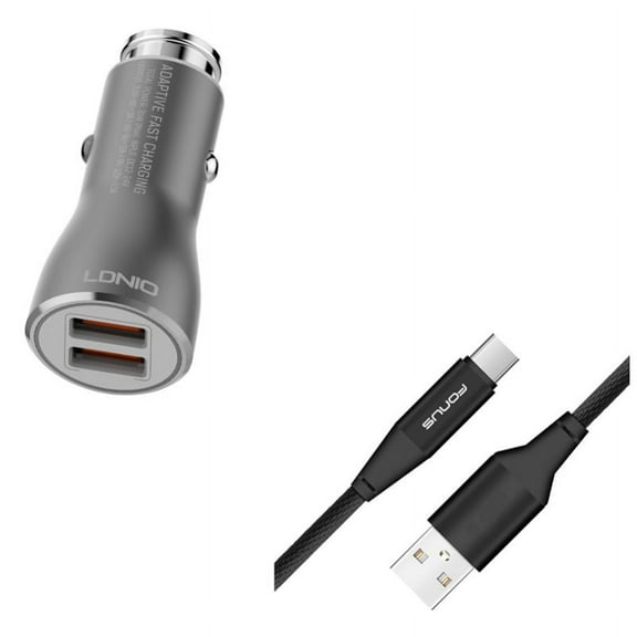 2-Port USB 36W Fast Car Charger w Charger Cord Type-C 6ft USB Cable E3K for Blackberry Motion, Key2, KEYone, LE - BLU G9, Vivo XI Plus 5 - CAT S61 S48c - Coolpad Legacy
