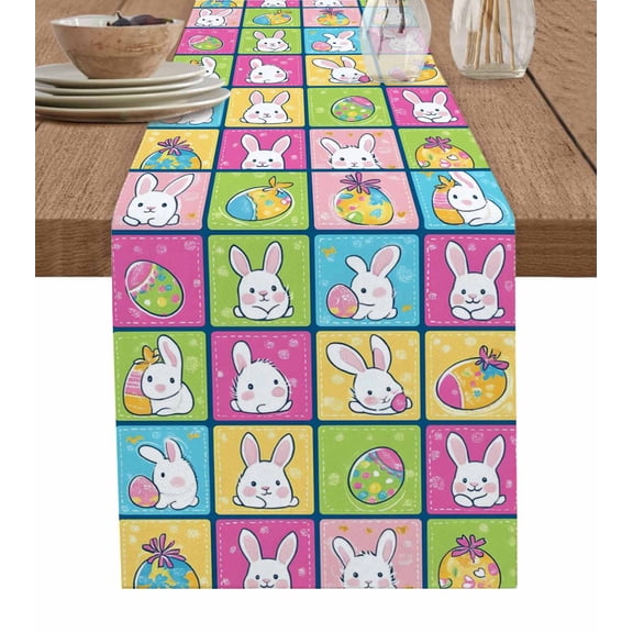 Ldtrchee Spring Easter Table Runner 72 Inches, White Bunny Eggs Checkered Farmhouse Bed Runner Dresser Scarves Tabletop for Indoor Outdoor Parties/Ceremony/Banquet, 16" x 72"