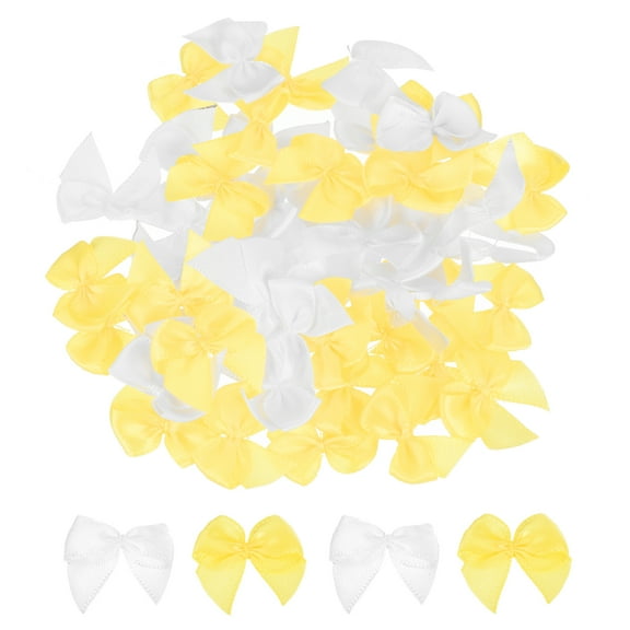 50Pcs Mini Ribbon Bow 1" Mini Fabric Satin Ribbon Flower Bows for Craft DIY Sewing Wedding Birthday Party White & Yellow