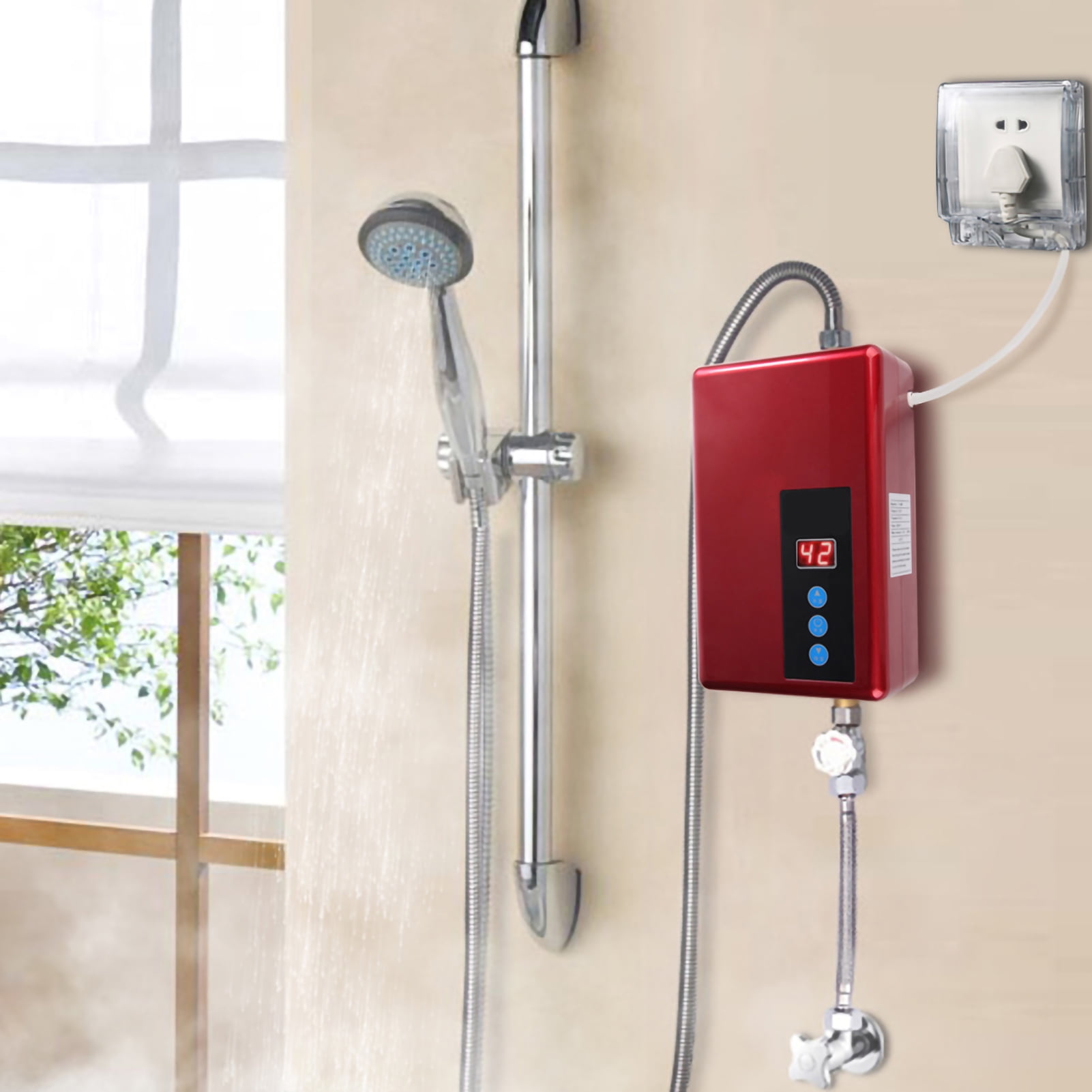 BIMZUC 220V 5.5KW Mini Instant Electric Water Heater Tankless Shower Hot Water System for Kitchen Bathroom Red 8.66 x 5.51 x 2.56 inches / 220 x 140 x 65 mm