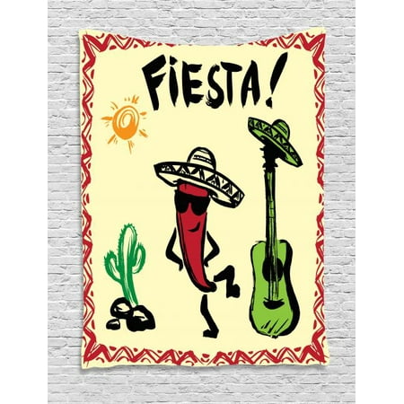 Festive Maraca - Fiesta Tapestry, Festive Mexican Party with Maracas Dancing Red Pepper Wearing a Sombrero and Guitar, Wall Hanging for Bedroom Living Room Dorm Decor, 40W X 60L Inches, Multicolor, by Ambesonne
