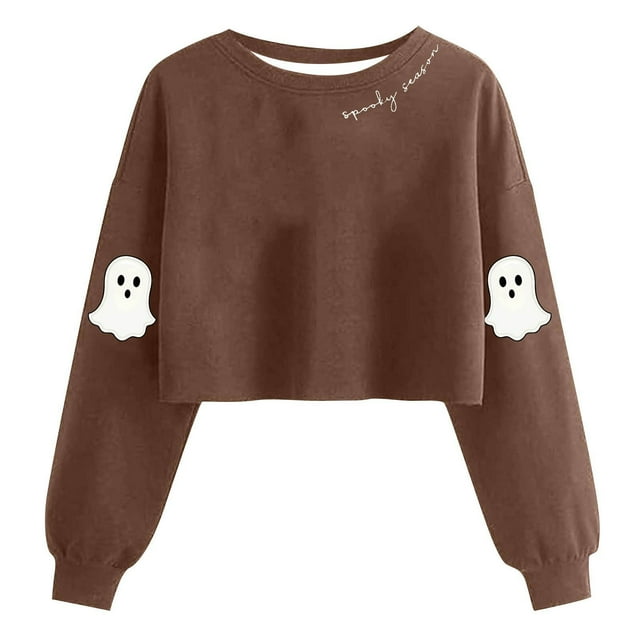 Lcziwo Chandail Court Halloween pour Femmes, Hauts Graphiques de Fantôme Mignon, Manches Longues Lanterne, Chandail à Col Rond, Saison Effrayante, Mode d'Automne, Chandail Brun, TG