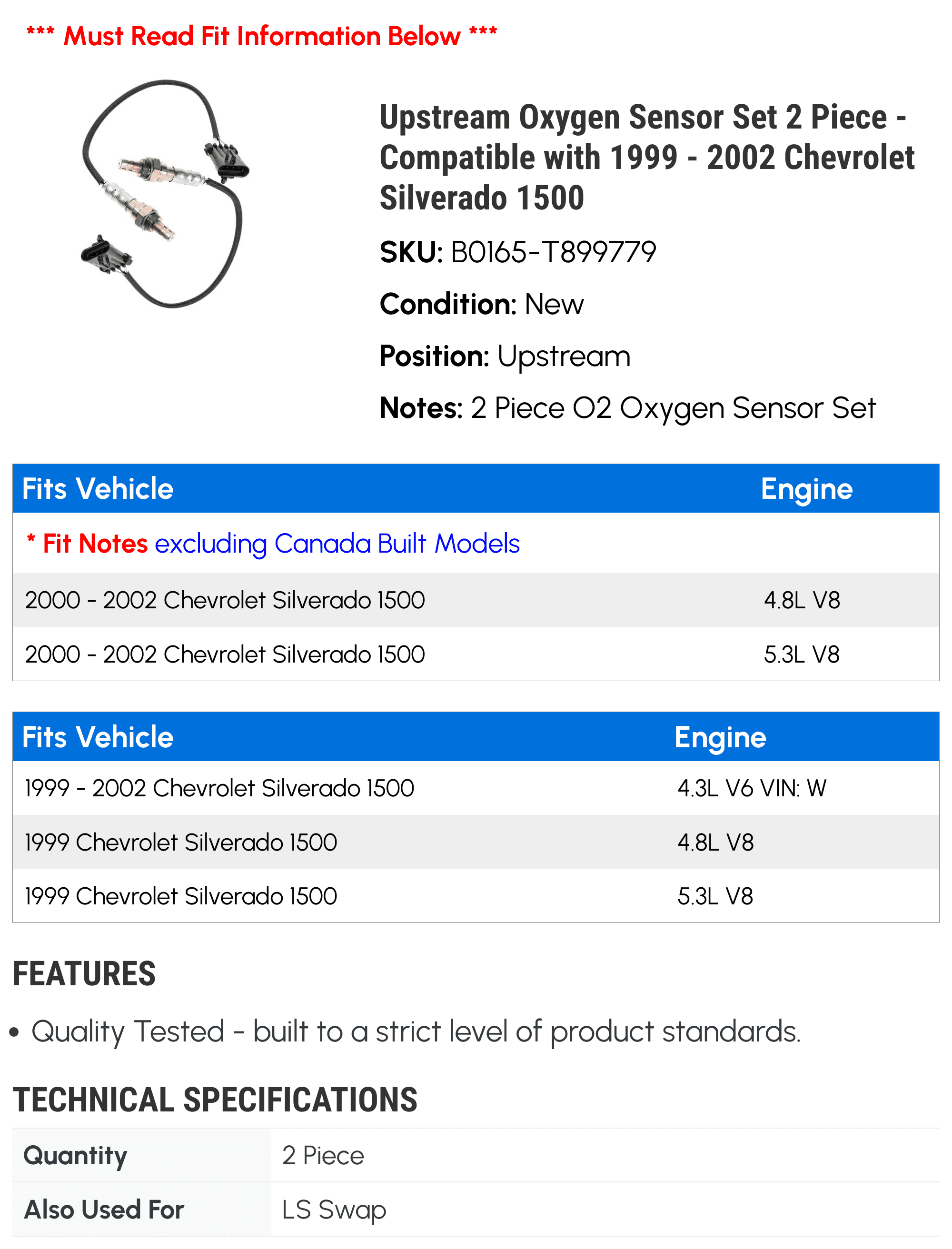 Upstream Oxygen Sensor Set 2 Piece - Compatible with 1999 - 2002 Chevy Silverado 1500 2000 2001