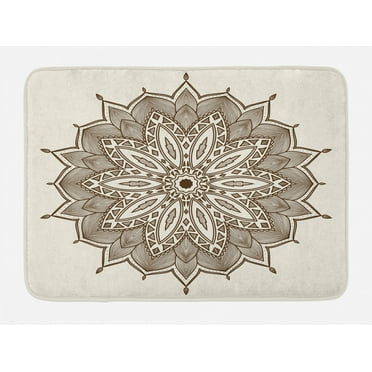 Brown Mandala Bath Mat, Antique Detailed Mandala Image Tribal Moire Leaves Pattern Print, Plush Bathroom Decor Mat with Non Slip Backing, 29.5" X 17.5", Brown and Eggshell, by Ambesonne