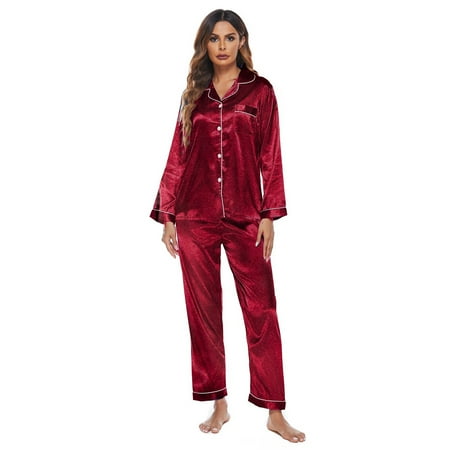 

BESTHUA Women s Pajamas Silk Women s Pajamas Set Long Sleeve Soft Sleepwear Casual Lounge-wear Button Down Pajamas Set S-XXL