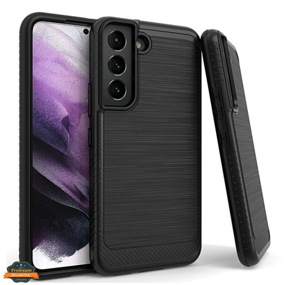 Xpression Case for Samsung Galaxy S22 Plus Armor Brushed Texture Rugged Carbon Fiber Design Shockproof Dual Layers Hard PC TPU Protective Phone Cover [Black]