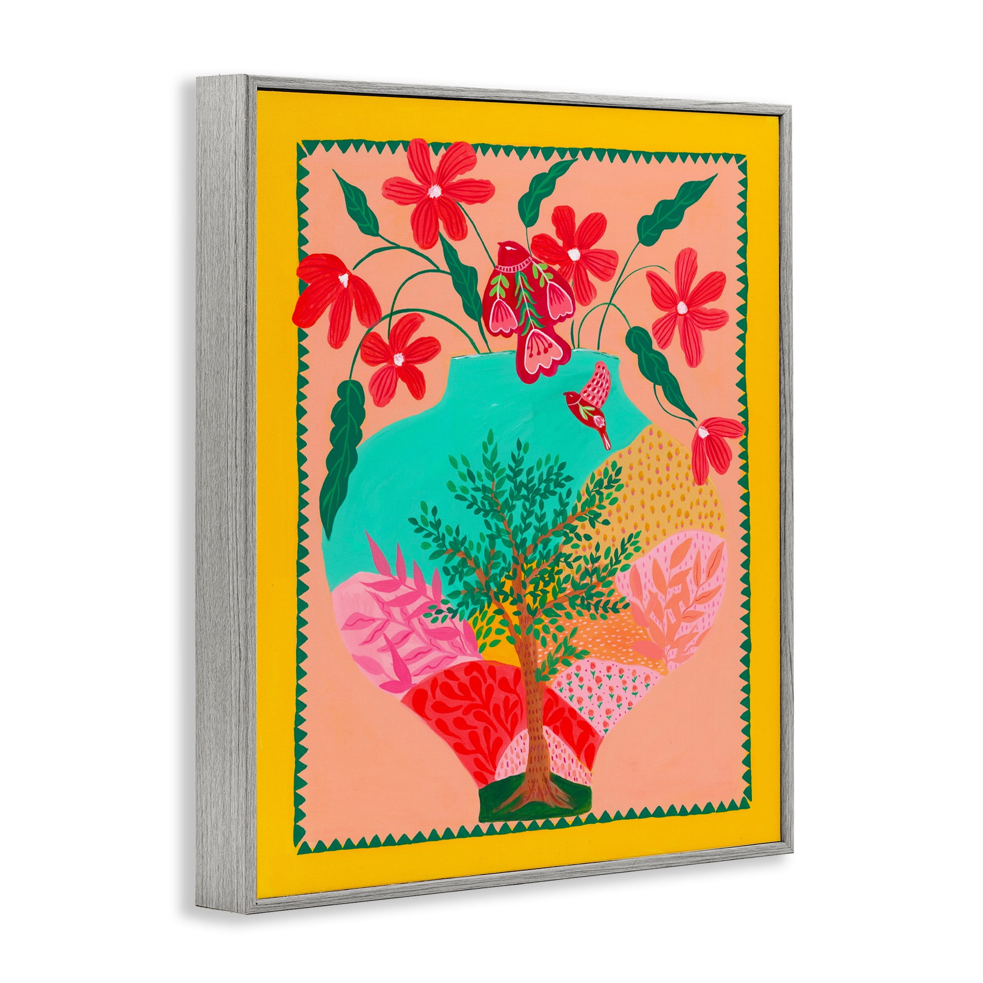 Folk Patterned Hope Vase Gray Framed Giclee Art, design by Nabeela Rumi