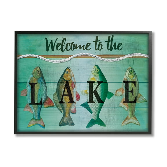 Stupell Welcome Lake Nautical Fishing Rope Landscape Painting Black Framed Art Print Wall Art