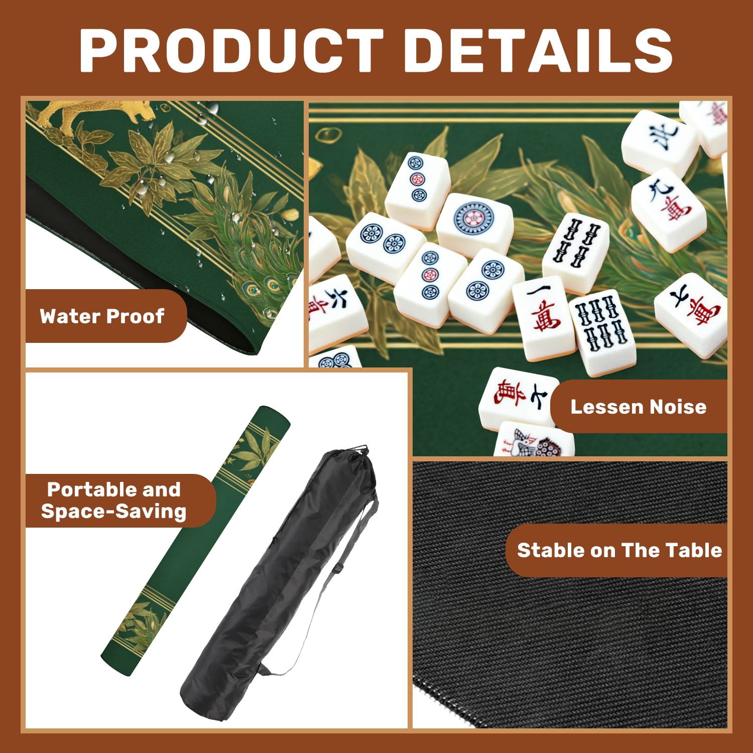 Mahjong Mat 31.5" x 31.5" Tropical Jungle Wildlife Tiger Leopard Peacock Golden Frame Non-Slip Noise Reduction American Mahjong Tiles Table Cover for Dominoes Poker Card Board Games Gift