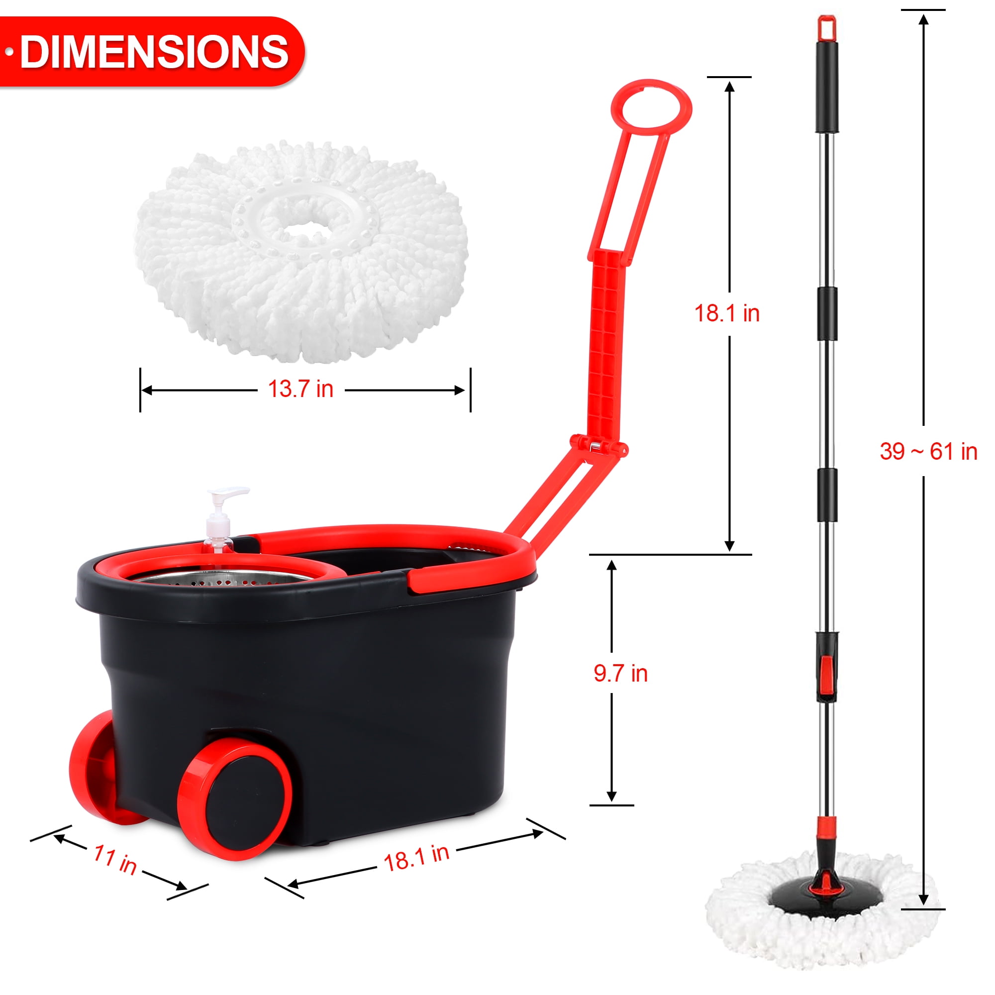 Spinning Mop Bucket, 360 Easy Spin Mop & Bucket System with Wringer, Mop and Bucket Set, 3 Microfiber Mop Heads, Black