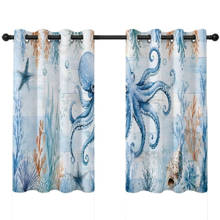 Blue Octopus Blackout Curtains 45 Inches Long Nautical Coastal Shell Bubble Wood Rustic Thermal Insulated Room Darkening Drapes with Grommets for Living Room 42 W x 45 L 2 Panels