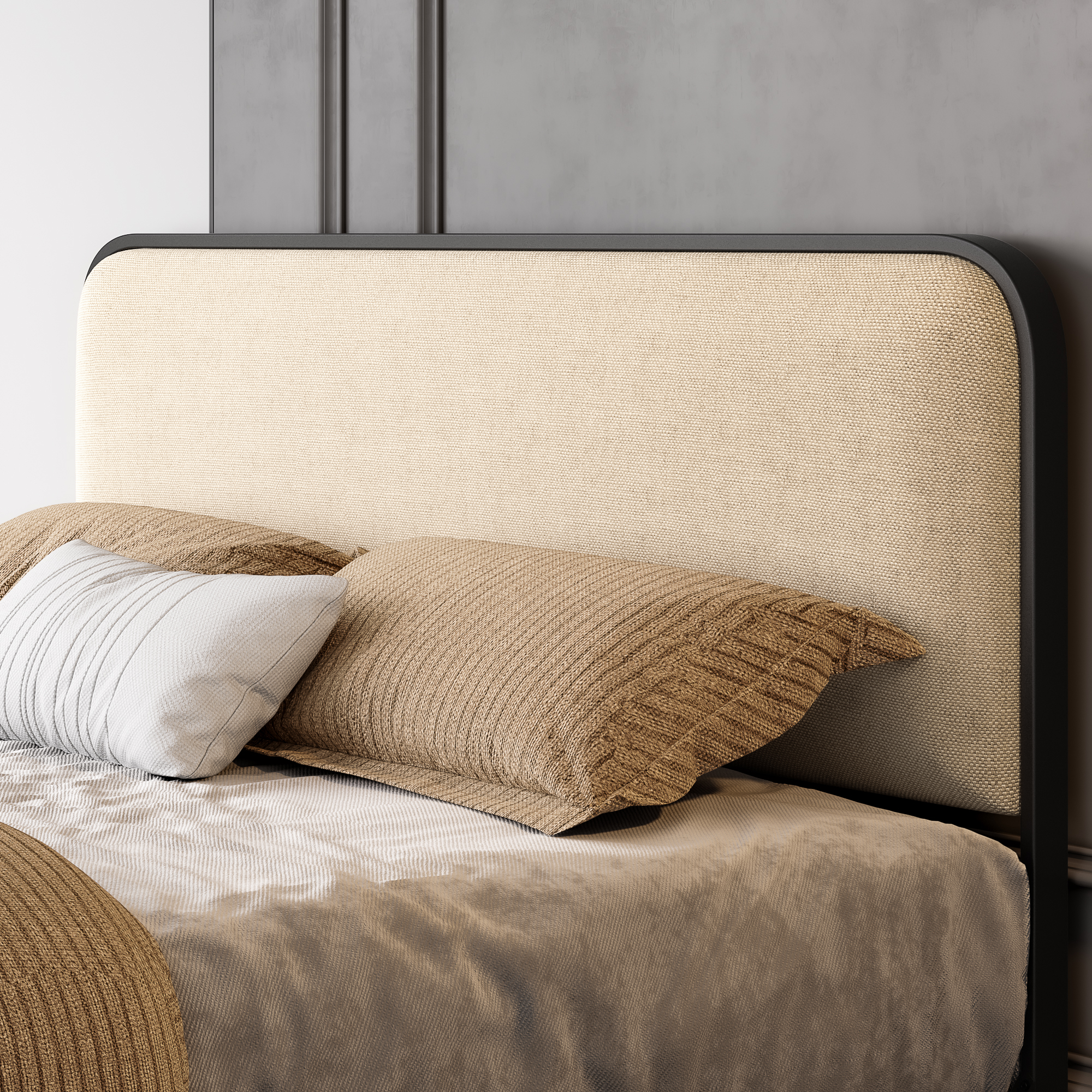 SHA CERLIN Full Size Metal Platform Bed Frame with Curved Headboard and Under-bed Storage, Beige