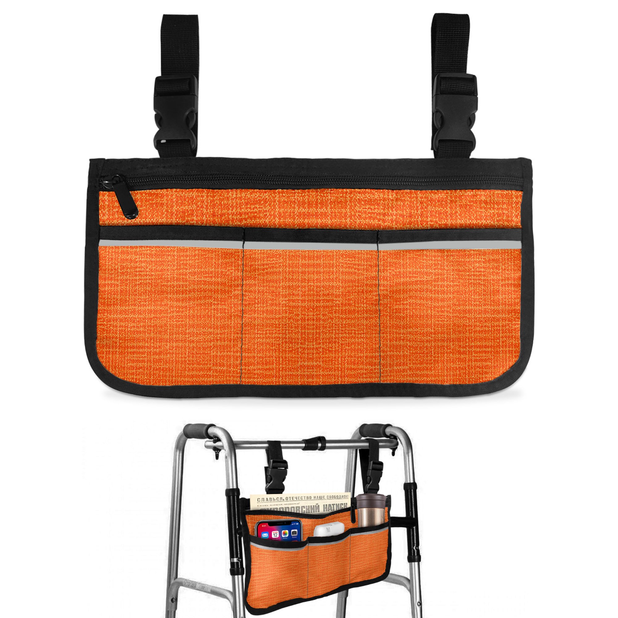 Bright Orange Wheelchair Side Bag with Cup Holder, Rustic Minimalist Solid Color Woven Fabric Texture Wheelchair Armrest Bag Storage Pouch Adults, Seniors for Walkers, Rollator, Scooter
