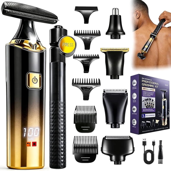 5-in-1 Men's Back Shaver, LED Display Rechargeable Body Trimmer, IPX6 Waterproof with Long Handle