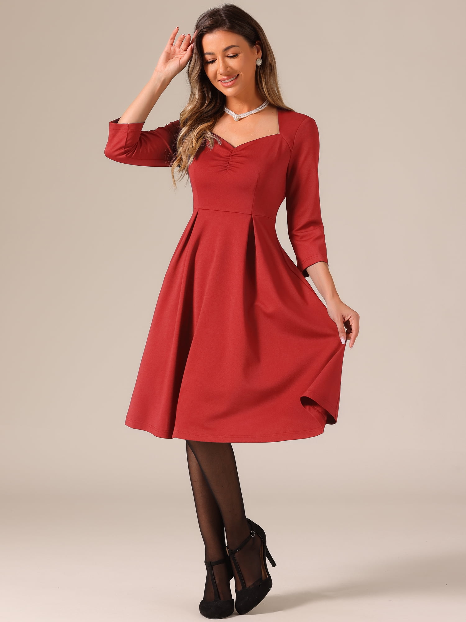 DARING DIVA Women's 3/4 Sleeve High Waist A Line Pleated Midi Dress XS Red