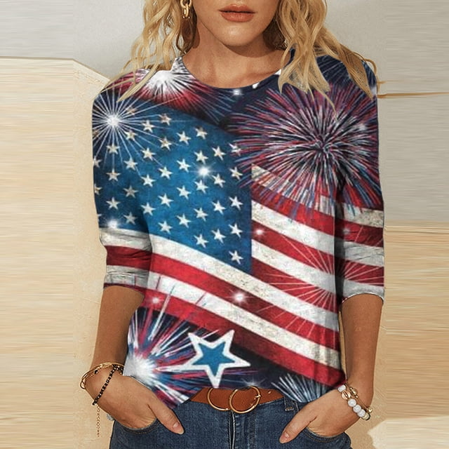 Hauts d'Été Mignons Mode Femme Manches Trois-Quarts Col Rond Rétro Imprimé Indépendance Blouse Ample T-Shirt Femme en Solde