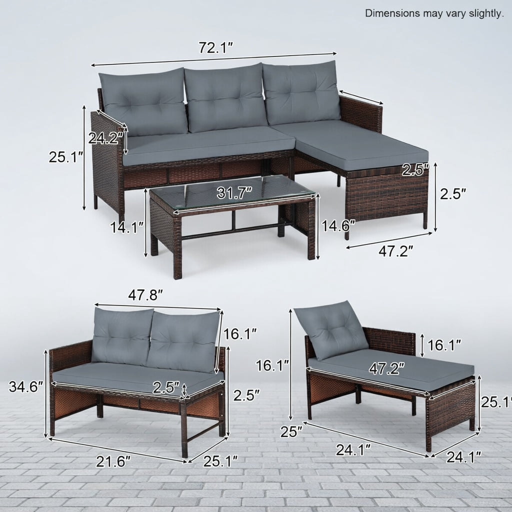 Hommoo 3-Piece Outdoor Wicker Patio Sofa Set with Tempered Glass Coffee Table, L-Shaped Sectional for Backyard, Deck or Balcony, Gray