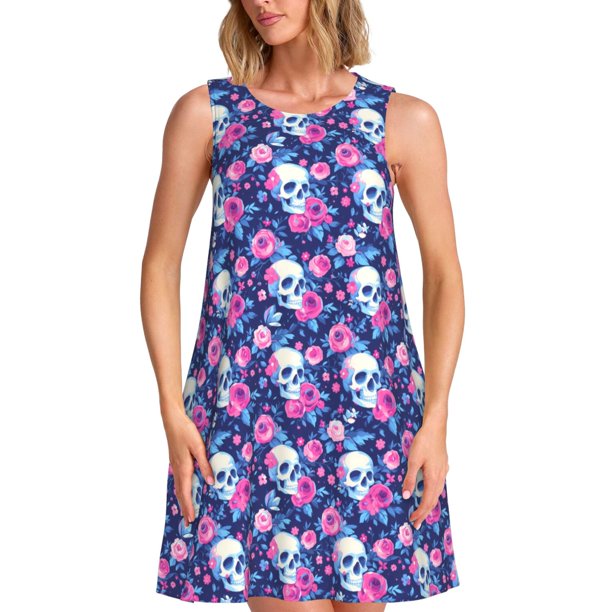 Easygdp Skull Flower para Vestido Transpirable de Mujer, Vestido Suelto de Manga Corta con Pliegues y Bolsillos para el Verano