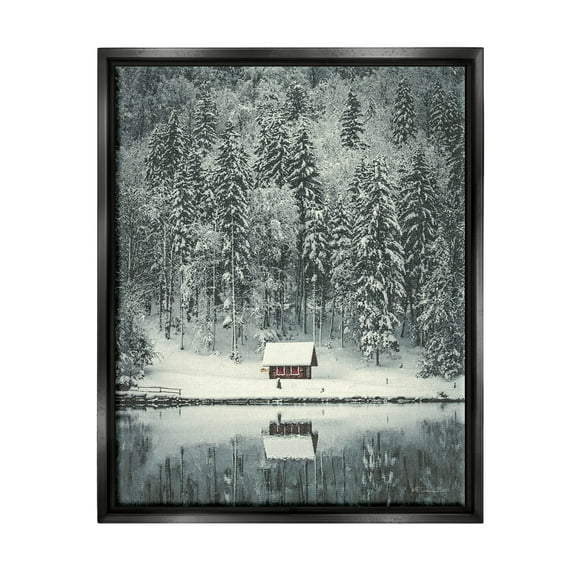 Snowy Woodland Hut Reflection Landscape Painting Jet Black Framed Art Print Wall Art