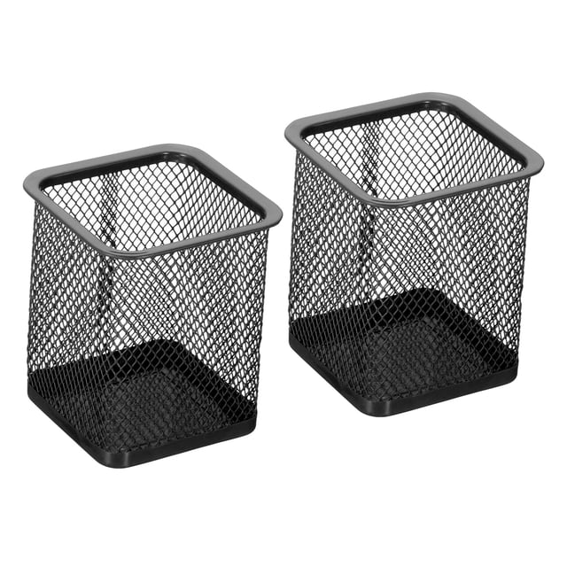 Soporte de bolígrafo de malla Uxcell, soporte para lápices, cesta para lápices, taza para bolígrafos, organizador de casilleros, soporte cuadrado para brochas de maquillaje, paquete de 2 en negro