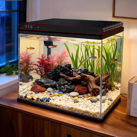 10 Gallon Glass Fish , Aquarium Starter Kit, Simple Self-Cleaning Aquarium with 3-Color LED Lights, Quiet Filter Pump, Temperature for Fish, Shrimp, Ideas