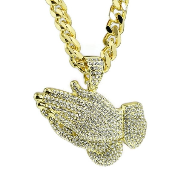 Praying Hands Pendant Chain Micro Pave Cuban Gold Finish Hip Hop Necklace 30" Inch