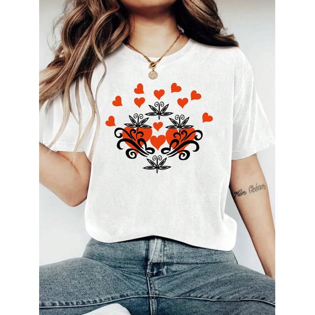 Valentine's Day Women's Fashionable LOVE Print T-Shirt - Casual Short Sleeve Crew Neck Top - Lightweight & Breathable For Spring & Summer Wardrobe