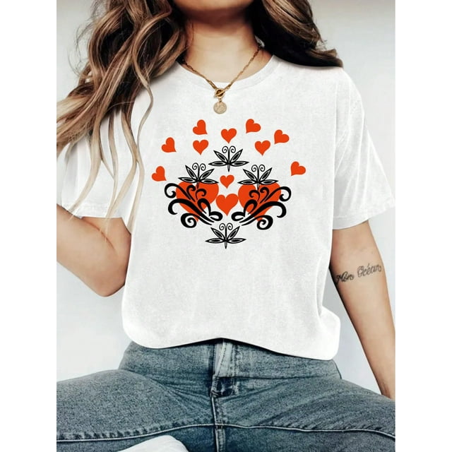 Women's T Shirts Summer Tops Simple Heart Graphic Shirts Sayings Short Sleeve Vacation Casual Blouse Thankful teeValentine's Day Women's Fashionable LOVE Print T-Shirt - Casual Short Sleeve Crew Nec