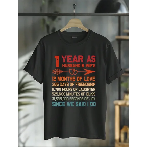 Retro 1st Wedding Anniversary T-Shirt for Husband and Wife, 1 Year Married Gift, Vintage Style Graphic Tee for Couples, First Anniversary Celebration Apparel
