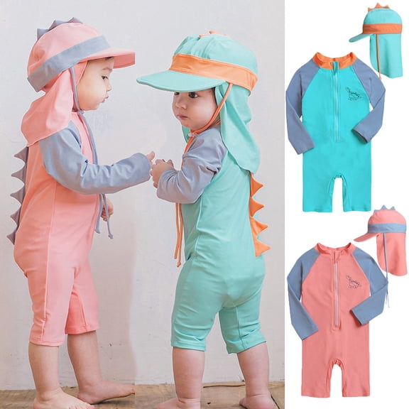 Gyratedream 1-7T Kids Girls Boys Long Sleeve Zip Up Jumpsuit Swimsuit Sun Hat 3D Dinosuar Swimwear Set