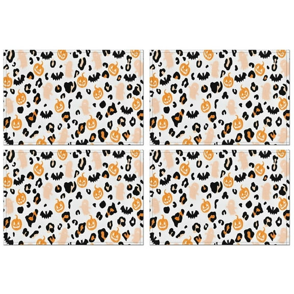 Halloween Leopard Print Ghosts Bats and Pumpkins Summer Placemats Table Placemats Set Of 4-Linen Kitchen Washable Placemats Table Mats 11.8"x17.7" Non-Slip Heat Resistant