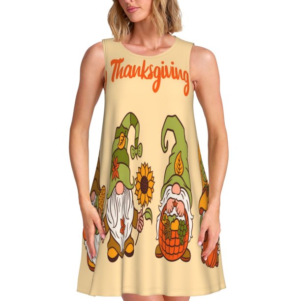 Fotbe Gnomes Happy Thanksgiving Vestido de Verano sin Mangas para Mujer – Vestido Midi Línea A, Estilo Camiseta Floral, Vestido Playero Casual y Fluido