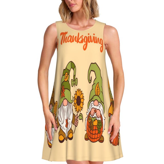 Balery Gnomes Happy Thanksgiving Vestidos de verano para mujer con estampado: vestido holgado sin mangas, vestido playero informal y cómodo para días calurosos.