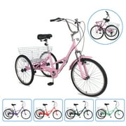 24" Folding Tricycle 3 Wheel Bikes 7 Speed Trikes with Shopping Basket for Seniors Adult,Pink