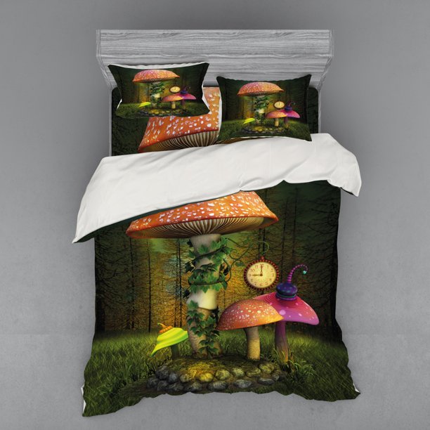 Fantasy Duvet Cover Set, Fiction Forest Giant Mushrooms and Elves Fairytale Enchanted Image