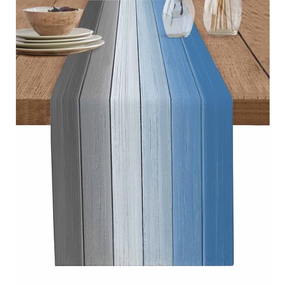 ERUNPONLY Blue Gray Table Runner - 70 Inch Long Vintage Farmhouse Gradient Wooden Grain Art Cotton and Linen Blended Dress Scarves Farmhouse Table Runner for Kitchen Dining, Coffee Table, 13"x70"