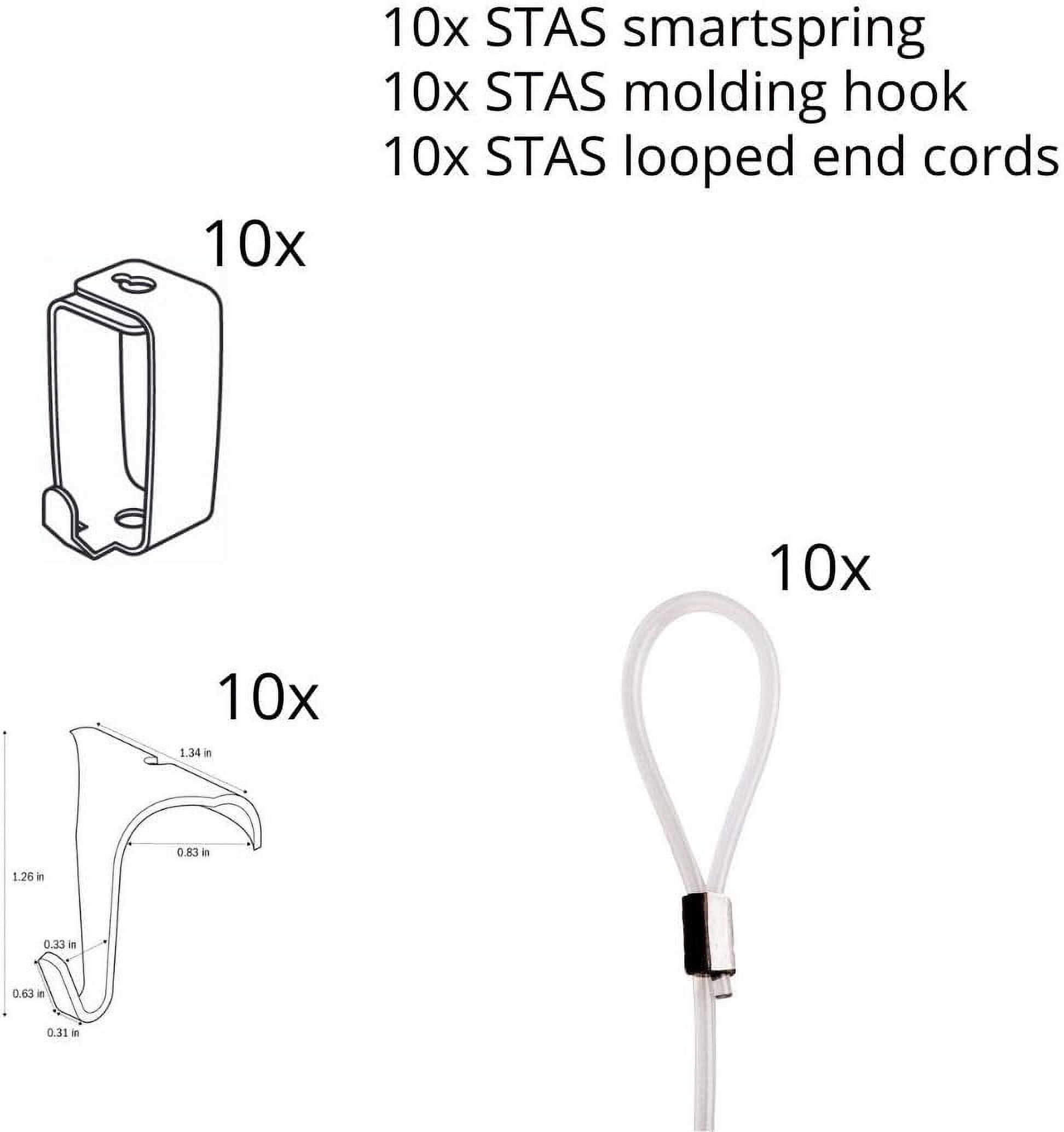 STAS 10-Pack Picture Molding Hook Set - Includes Crown Moulding Hooks + Clear Looped end Cables + STAS smartspring Picture Hook Gold/Brass Picture Rail Hooks, 59 inch Cord, Adjustable Hook