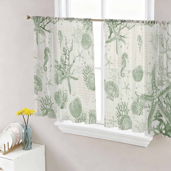 Sheer Curtains 45 Inch Length 2 Panels Set for Kitchen, Sage Green Starfish Semi Sheer Curtains for Windows, Coastal Nautical Seahorse Conch Voile Window Treatments Rod Pocket Curtain