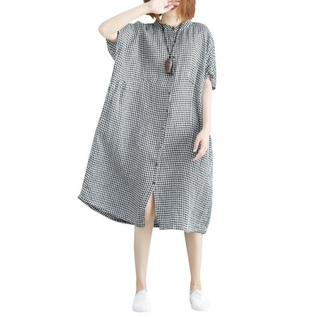 zanzea baggy 5xl buttons linen sleeve cotton ladies plus short check summer dress