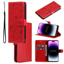 For iPhone 12 Mini Luxury Wallet Case,Embossed Flower Cat[Hand Strap] Handmade Flip Folio Magnetic Closure Cover with [Kickstand Function] Credit Card Holder For iPhone 12 Mini, Red