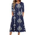 thumbnail image 2 of Wutalume Graduation Dress Vintage Floral - 3/4 Sleeve Crewneck A-Line Midi with Pockets Smocked Waist Boho, Spring 2026 ,Dark Blue 2XL, 2 of 6