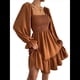 thumbnail image 2 of Vestido Mini de Fiesta Fluido con Escote Cuadrado, Larga, Volantes y Farol para Mujer Marrón XL, 2 of 10