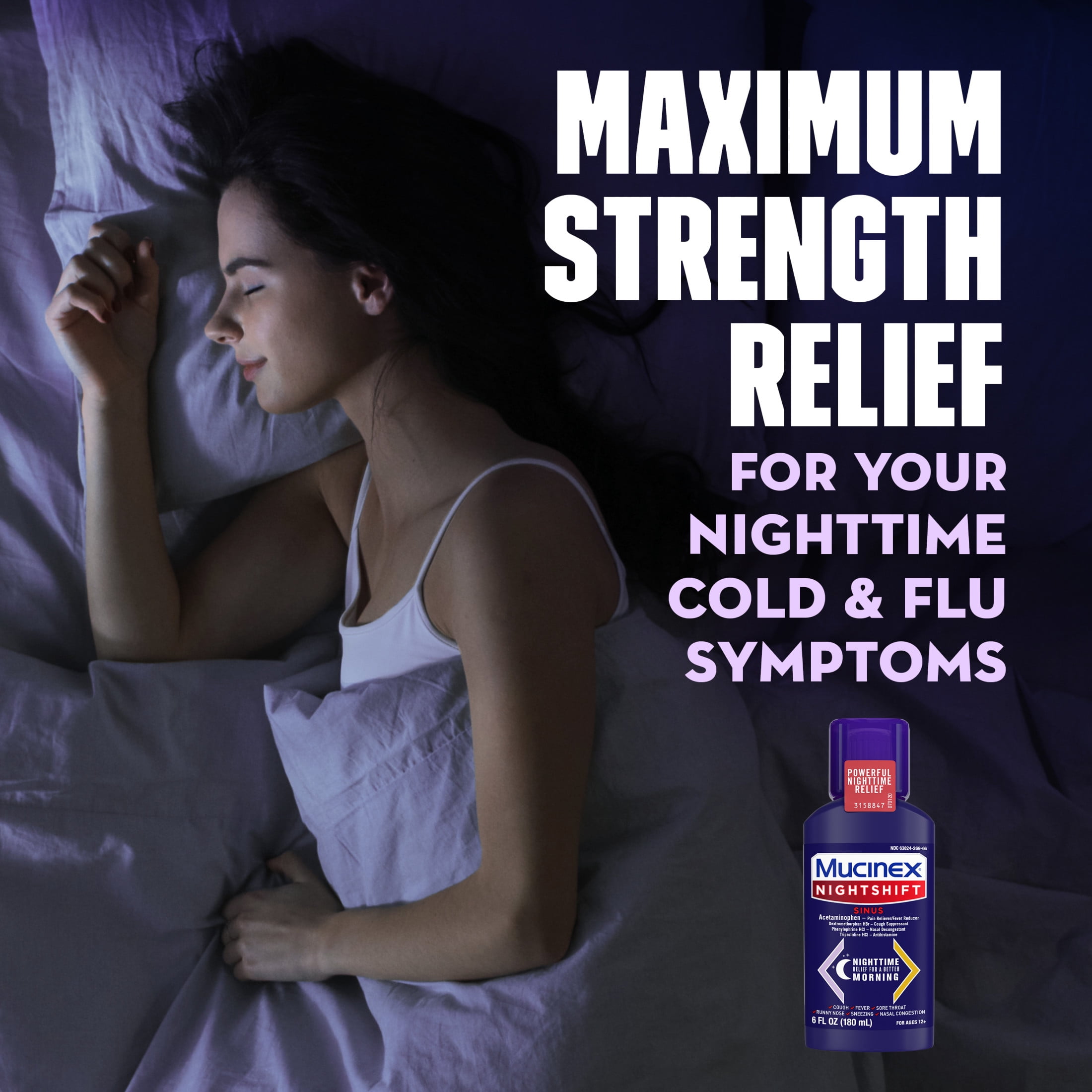 Mucinex Nightshift Sinus Medicine, OTC Fever Reducer, Cough Suppressant, Nasal Decongestant, 6 fl oz